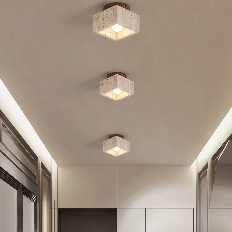 Japanese Wabi-Sabi Yellow Travertine Column Wood 1-Light Semi-Flush Mount Ceiling Light Cuvalon