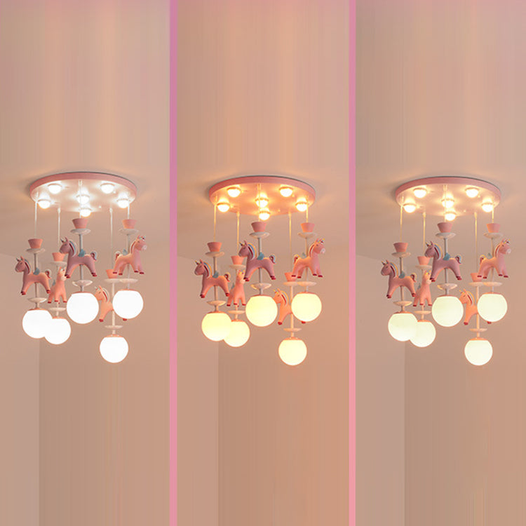 Modern Art Deco Kids Iron Resin Glass Round Base Ball Horse 1/3/5 Light Flush Mount Ceiling Light For Bedroom Cuvalon