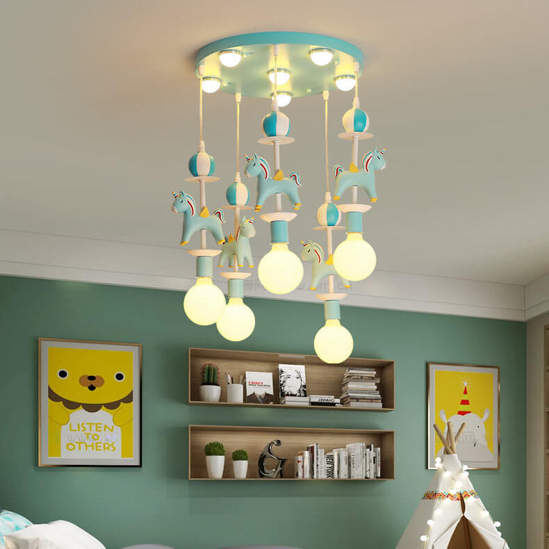 Modern Children's Carousel Eye Protection Resin Iron 1/7/11 Light Flush Mount Ceiling Light Cuvalon