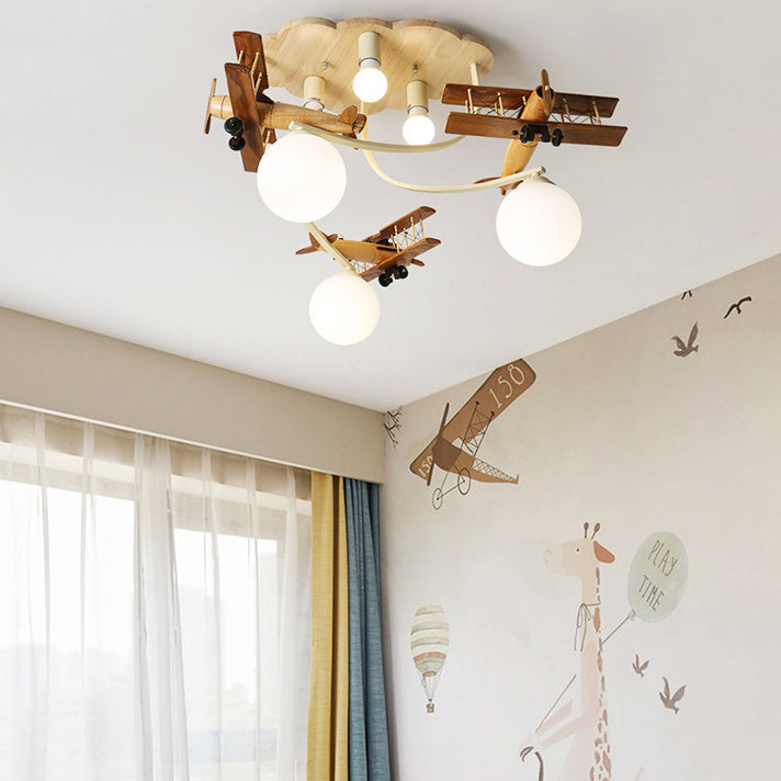 Contemporary Nordic Kids Iron Rubber Wood Glass Plane Cloud Ball 6-Light Flush Mount Ceiling Light For Bedroom Cuvalon