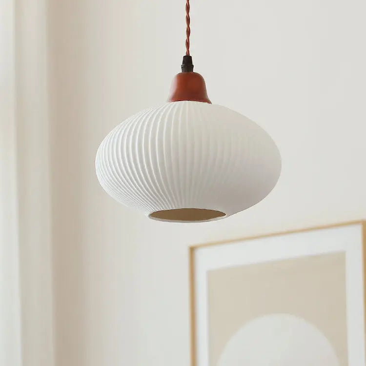 Japanese Vintage Pleated Ceramic Round Dome Wood 1-Light Pendant Light Cuvalon