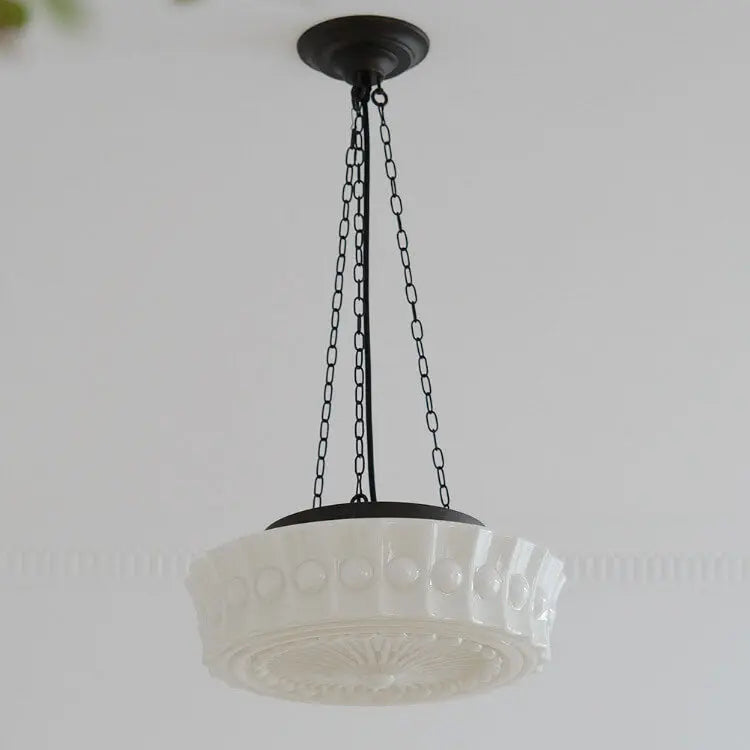 French Vintage White Jade Glass Stripes Round Drum LED Semi-Flush Mount Ceiling Light Cuvalon