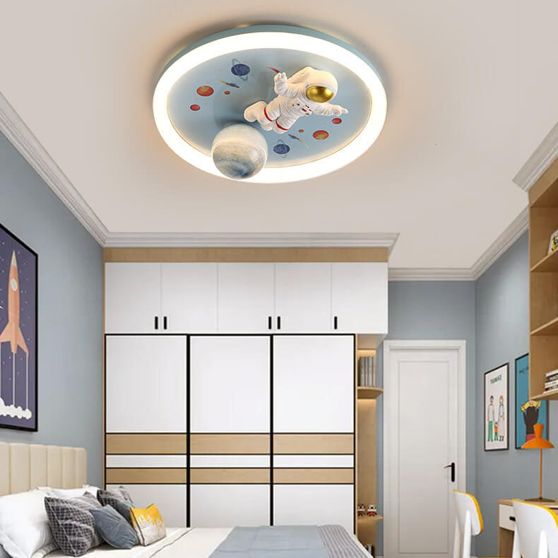 Childlike Cartoon Resin Astronaut Round Acrylic LED Flush Mount Ceiling Light Cuvalon