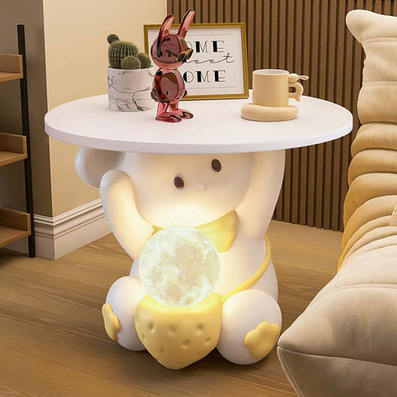 Modern Art Deco Kids Rabbit Round Plate Rectangular Drawer Resin Wood Enamel End Table 1-Drawer With LED Light For Bedroom Cuvalon