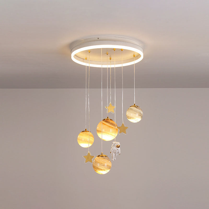 Contemporary Scandinavian Space Planet Acrylic Glass Round Shade LED Kids Flush Mount Ceiling Light For Bedroom Cuvalon