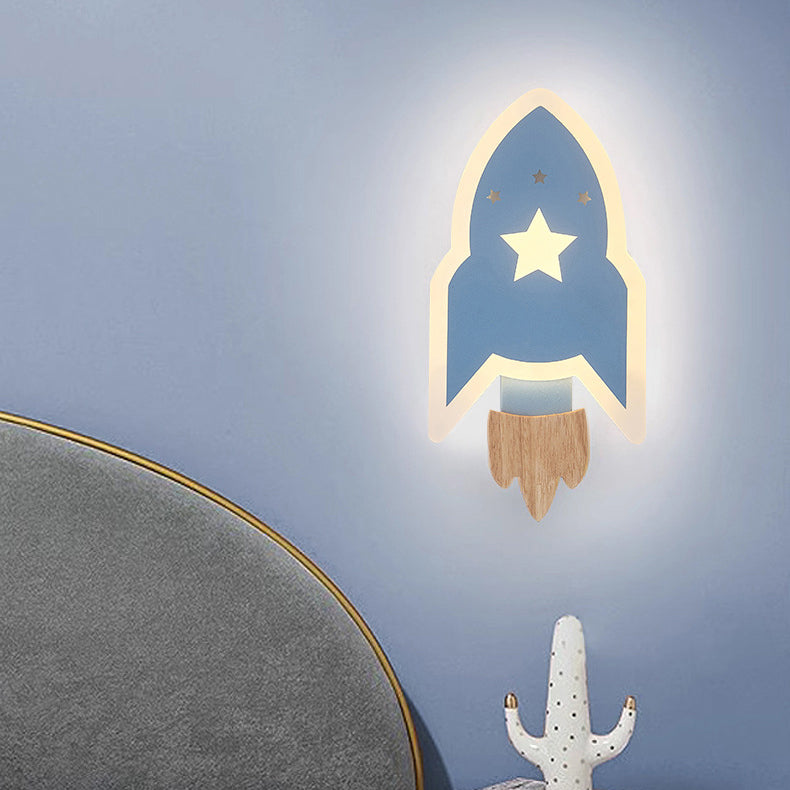 Contemporary Creative Kids Wood Acrylic Rocket LED Wall Sconce Lamp For Bedside Cuvalon