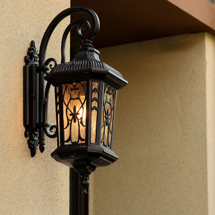 European Outdoor Carved Cage Aluminum Glass 1-Light Wall Sconce Lamp Cuvalon