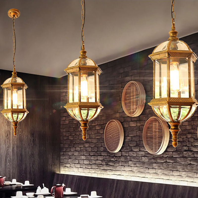 Contemporary Retro Hexagonal Lantern Glass Aluminum 1-Light Waterproof Pendant Light For Outdoor Patio Cuvalon