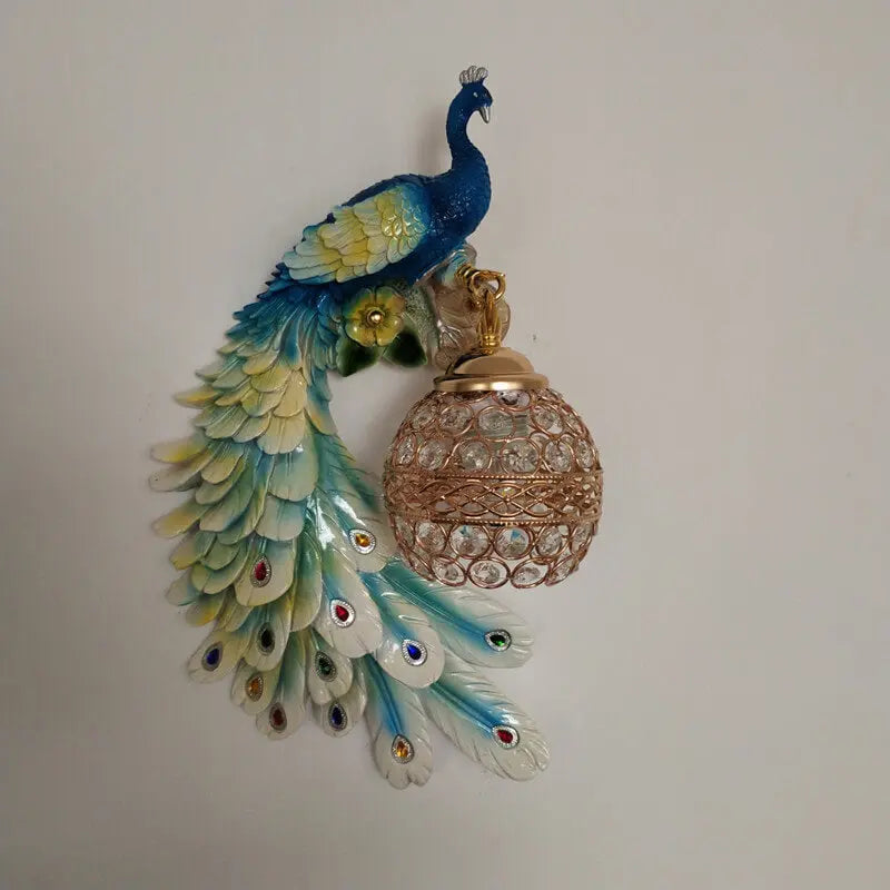 Vintage Ornate Resin Long Tail Peacock Crystal Ball Shade 1-Light Wall Sconce Lamp Cuvalon