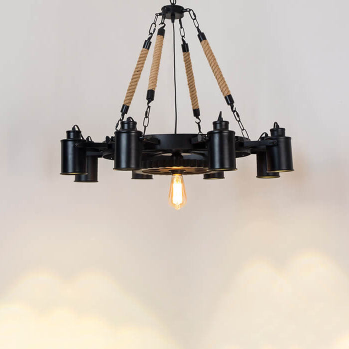 Industrial Retro Gear Wrought Ion Hemp Rope 6/8/10-Light Chandelier Cuvalon