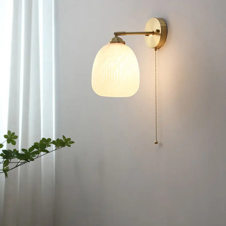 Nordic Striped Milk White Glass Brass 1-Light Pull Cord Wall Sconce Lamp Cuvalon