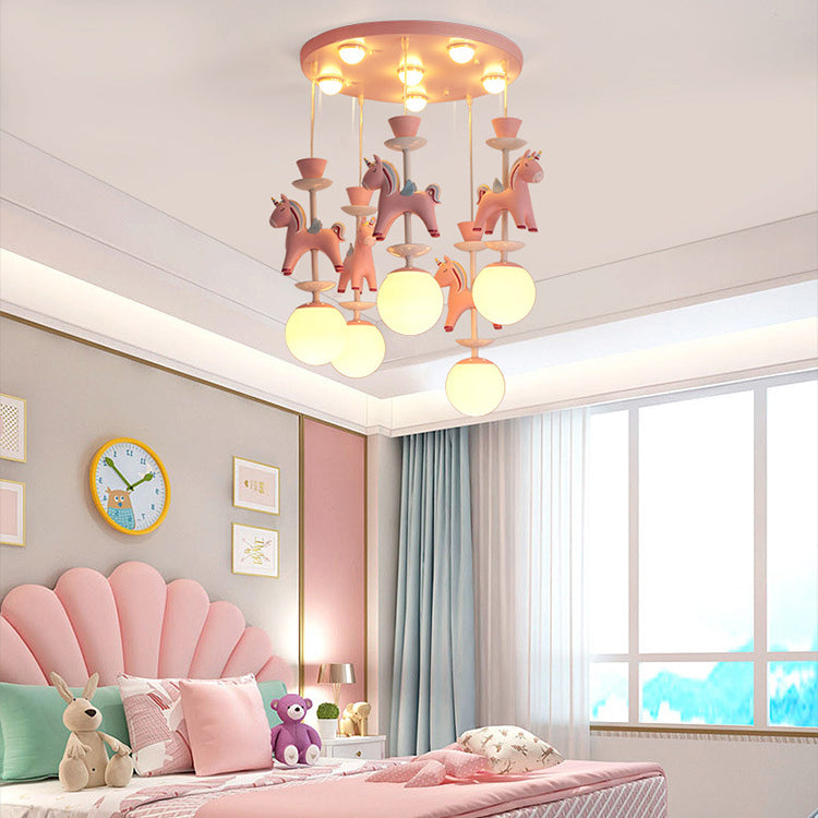 Modern Art Deco Kids Iron Resin Glass Round Base Ball Horse 1/3/5 Light Flush Mount Ceiling Light For Bedroom Cuvalon