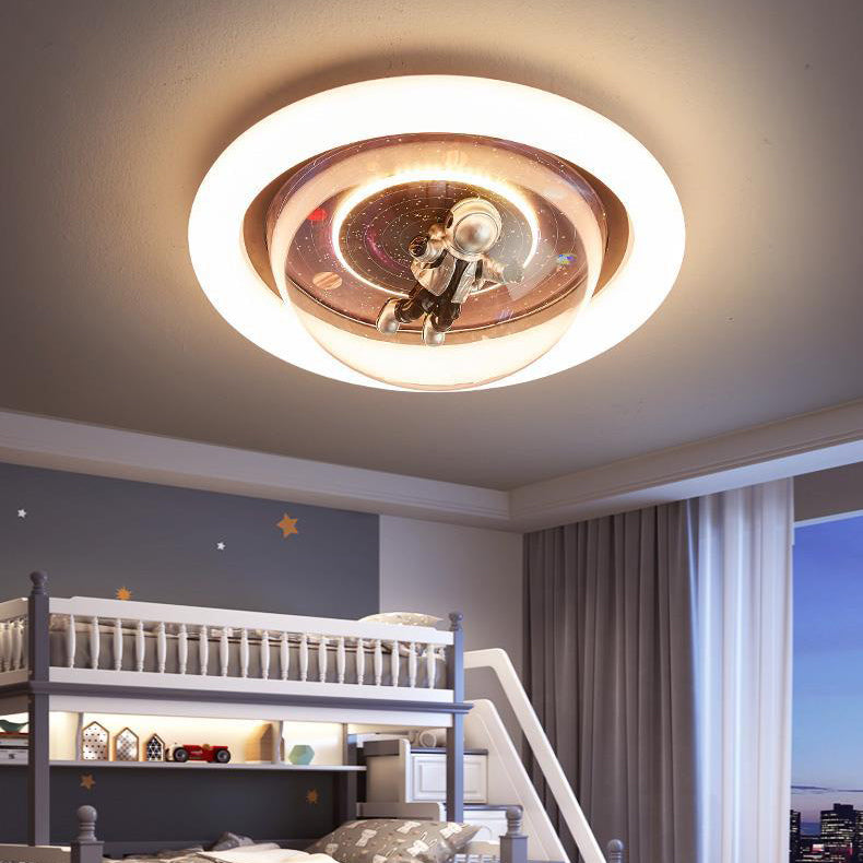 Contemporary Creative Cartoon Planet Resin Astronaut Acrylic Round Shade LED Kids Flush Mount Ceiling Light For Bedroom Cuvalon