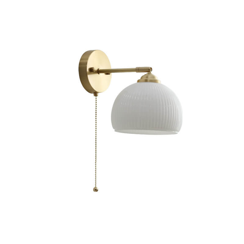 Nordic Striped Milk White Glass Brass 1-Light Pull Cord Wall Sconce Lamp Cuvalon