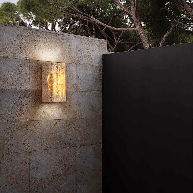 Modern Minimalist Square Rectangle Yellow Travertine LED Wall Sconce Lamp For Outdoor Patio Cuvalon