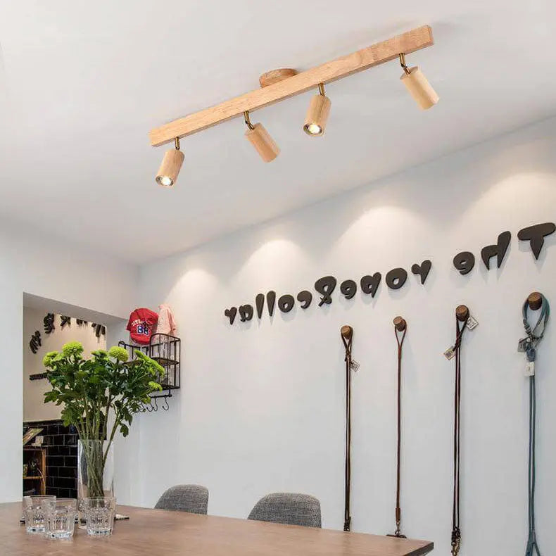 Japanese Minimalist Wooden Track Lighting LED 2/3/4/5 Light Semi-Flush Mount Ceiling Light Cuvalon