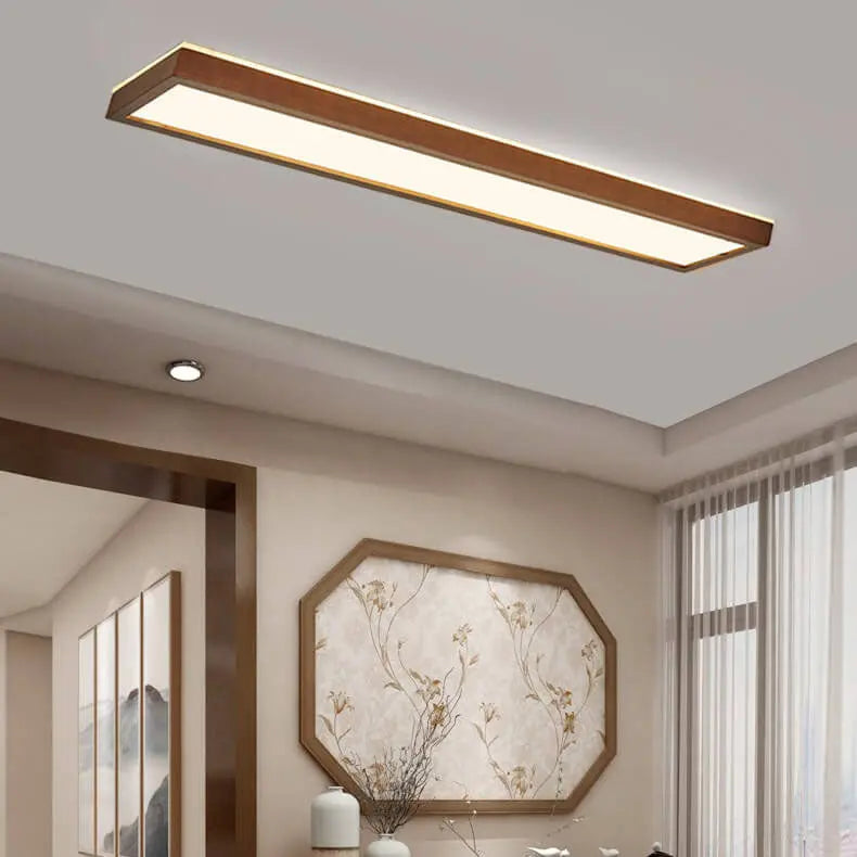 Japanese Minimalist Log Rectangular Walnut LED Flush Mount Ceiling Light Cuvalon