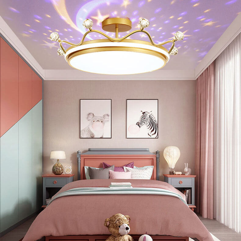 Contemporary Creative Kids Crown Iron Acrylic LED Semi-Flush Mount Ceiling Light For Bedroom Cuvalon