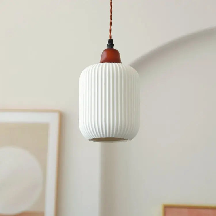 Japanese Vintage Pleated Ceramic Round Dome Wood 1-Light Pendant Light Cuvalon