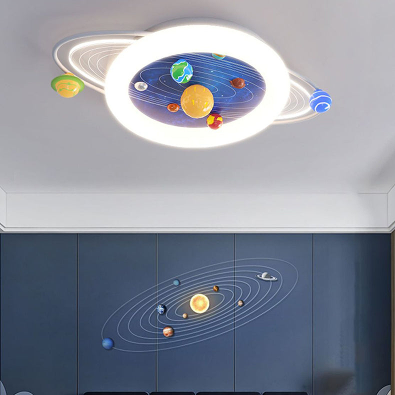 Modern Minimalist Children Round Planet Iron Resin Acrylic LED Flush Mount Ceiling Light For Bedroom Cuvalon