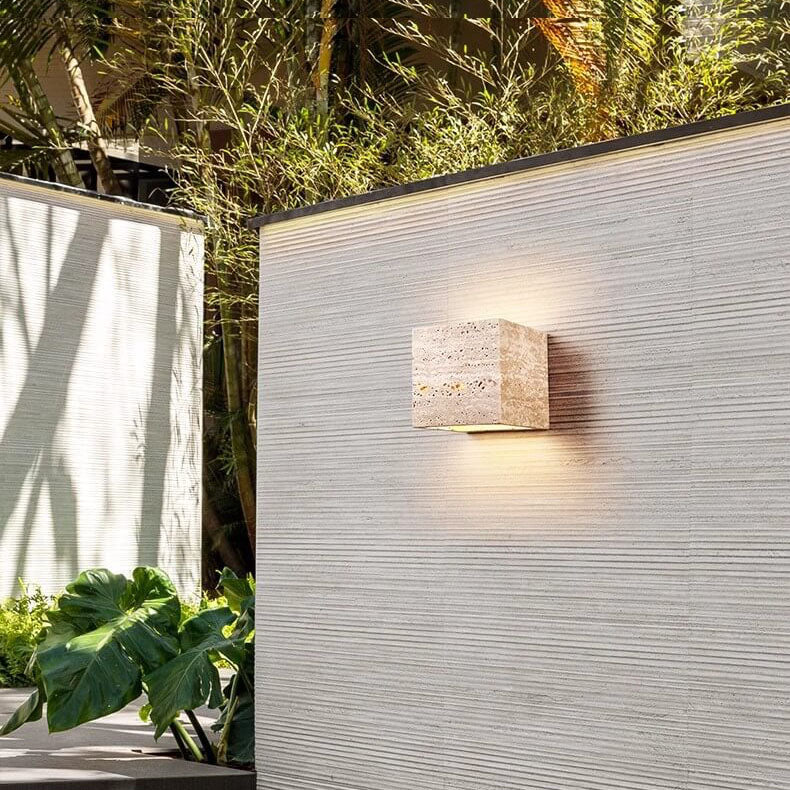 Modern Minimalist Square Rectangle Yellow Travertine LED Wall Sconce Lamp For Outdoor Patio Cuvalon