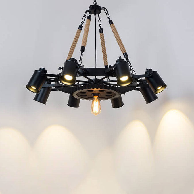Industrial Retro Gear Wrought Ion Hemp Rope 6/8/10-Light Chandelier Cuvalon