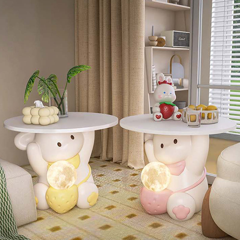 Modern Art Deco Kids Rabbit Round Plate Rectangular Drawer Resin Wood Enamel End Table 1-Drawer With LED Light For Bedroom Cuvalon