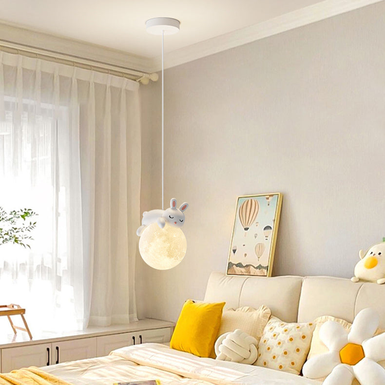 Contemporary Creative Resin Animal Rabbit Moon 1-Light Kids Pendant Light For Living Room Cuvalon