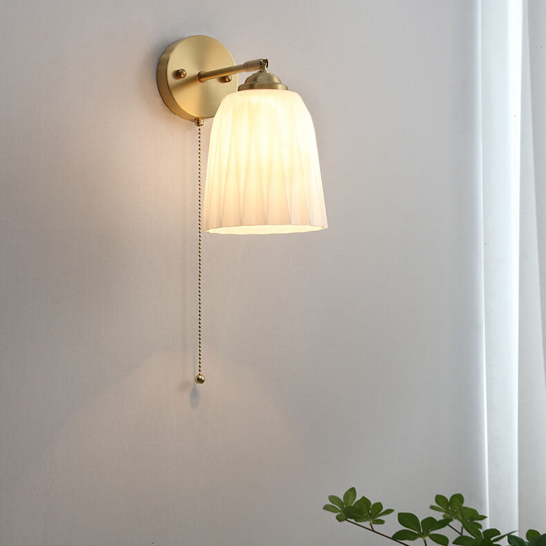 Nordic Striped Milk White Glass Brass 1-Light Pull Cord Wall Sconce Lamp Cuvalon