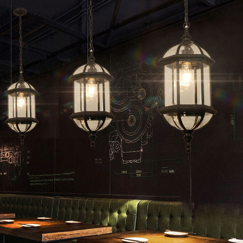 Contemporary Retro Hexagonal Lantern Glass Aluminum 1-Light Waterproof Pendant Light For Outdoor Patio Cuvalon