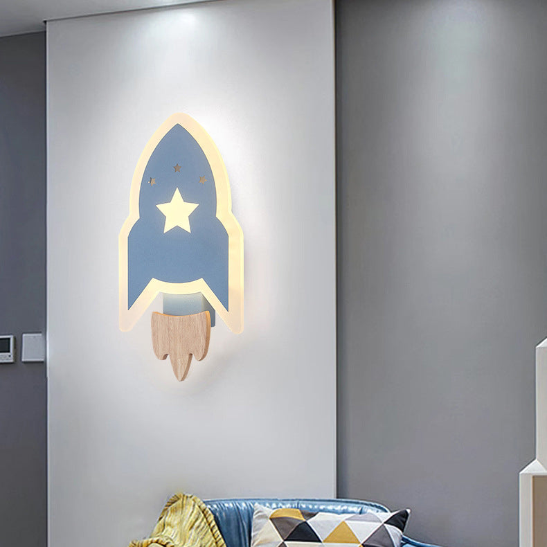 Contemporary Creative Kids Wood Acrylic Rocket LED Wall Sconce Lamp For Bedside Cuvalon