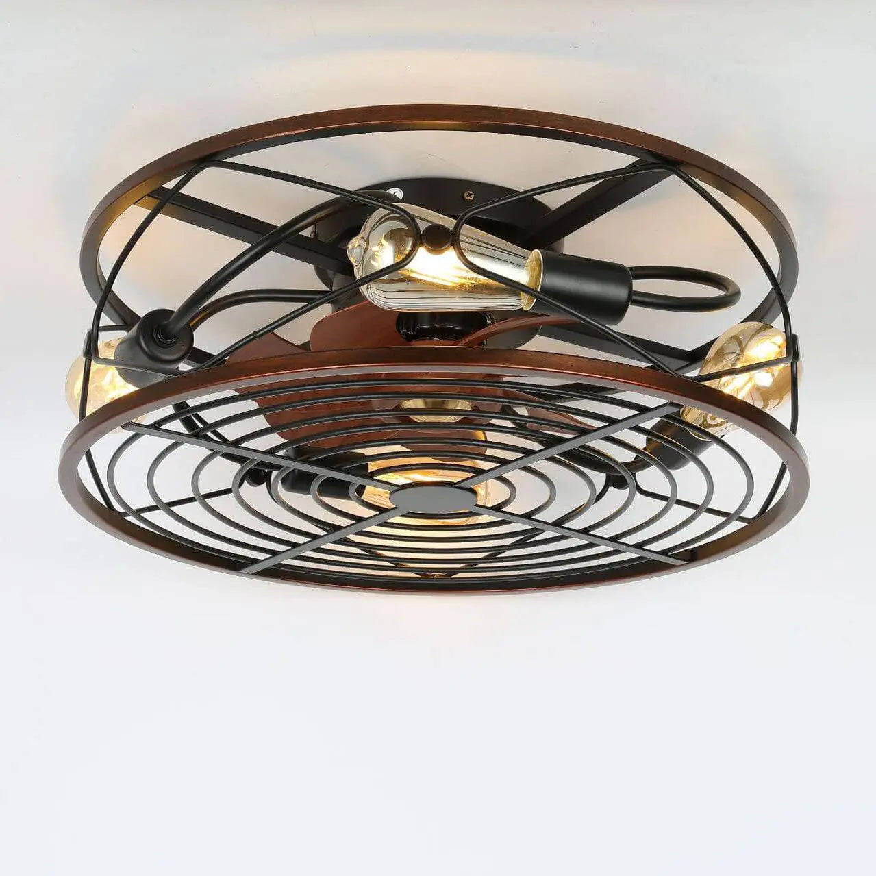 Nordic Industrial Wrought Iron Cylinder 4-Light Flush Mount Ceiling Invisible Fan Light Cuvalon