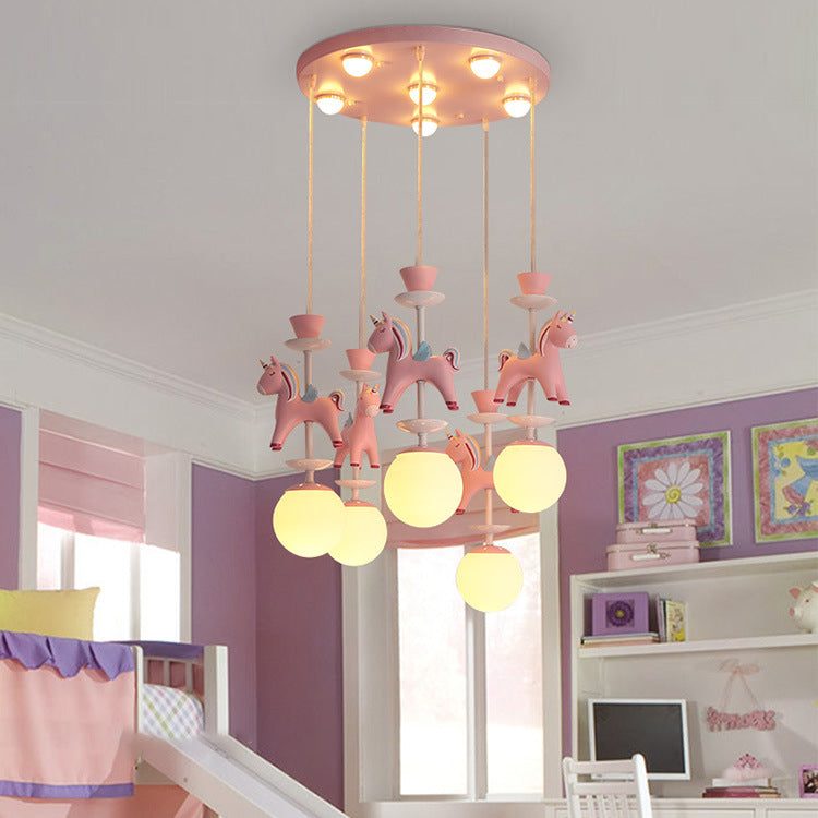 Modern Art Deco Kids Iron Resin Glass Round Base Ball Horse 1/3/5 Light Flush Mount Ceiling Light For Bedroom Cuvalon