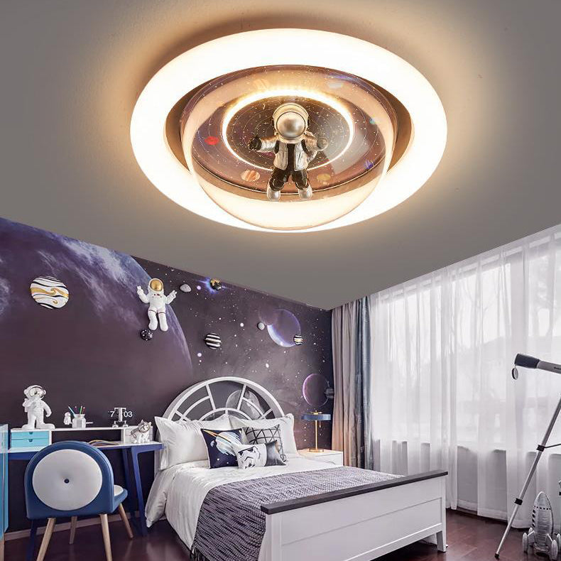 Contemporary Creative Cartoon Planet Resin Astronaut Acrylic Round Shade LED Kids Flush Mount Ceiling Light For Bedroom Cuvalon