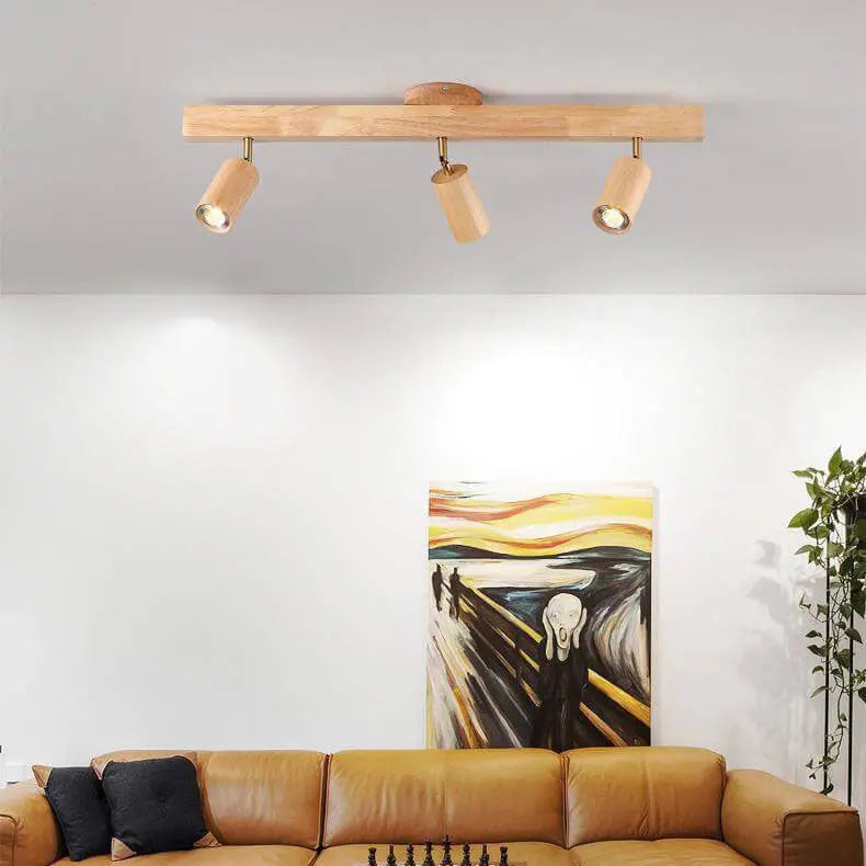 Japanese Minimalist Wooden Track Lighting LED 2/3/4/5 Light Semi-Flush Mount Ceiling Light Cuvalon