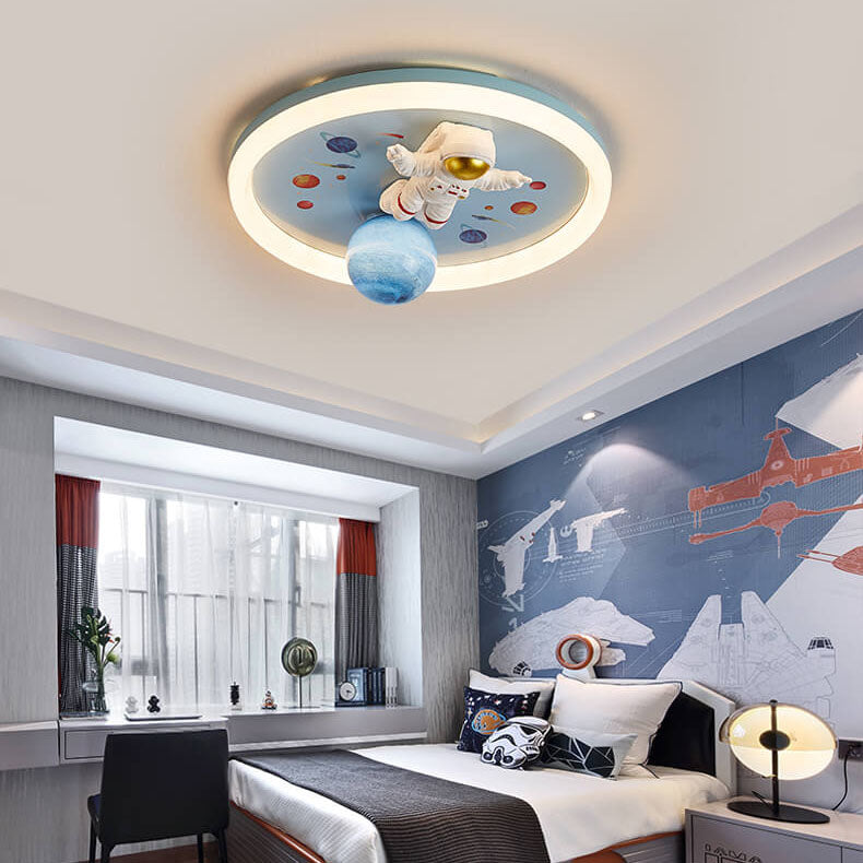 Childlike Cartoon Resin Astronaut Round Acrylic LED Flush Mount Ceiling Light Cuvalon