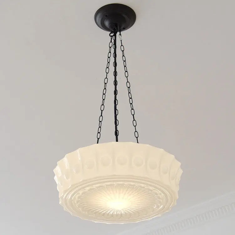 French Vintage White Jade Glass Stripes Round Drum LED Semi-Flush Mount Ceiling Light Cuvalon