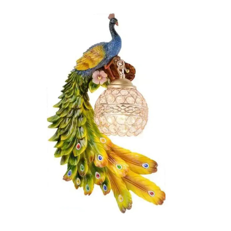 Vintage Ornate Resin Long Tail Peacock Crystal Ball Shade 1-Light Wall Sconce Lamp Cuvalon