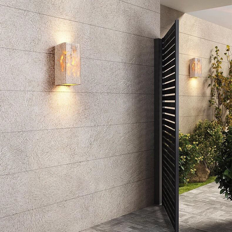 Modern Minimalist Square Rectangle Yellow Travertine LED Wall Sconce Lamp For Outdoor Patio Cuvalon