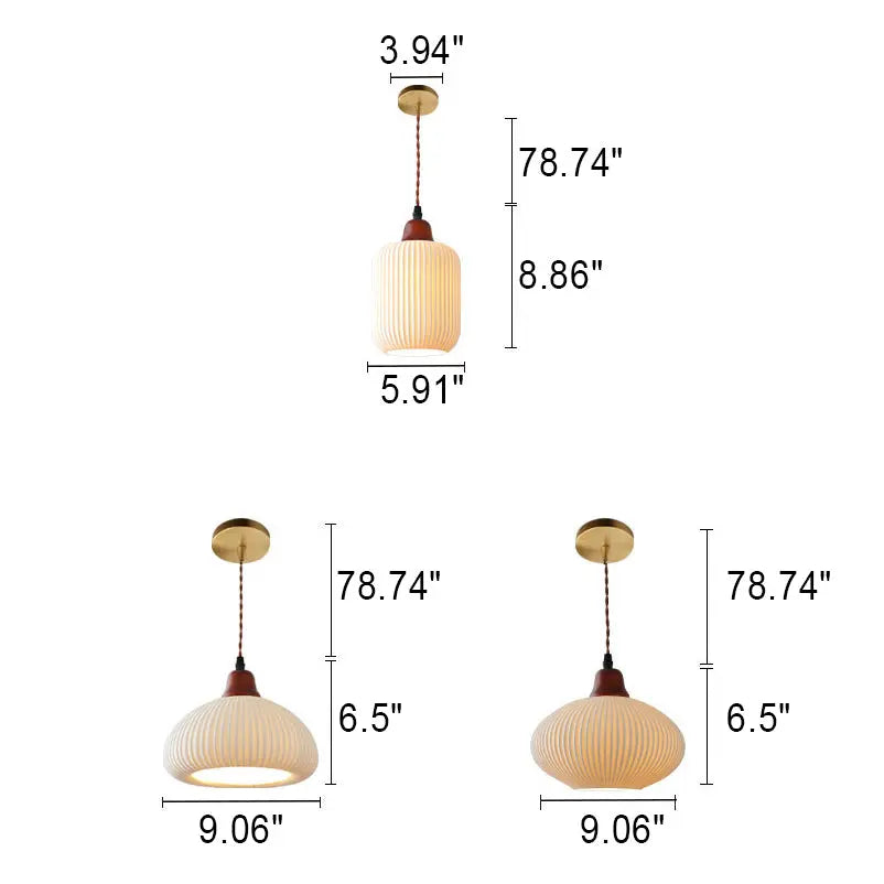 Japanese Vintage Pleated Ceramic Round Dome Wood 1-Light Pendant Light Cuvalon