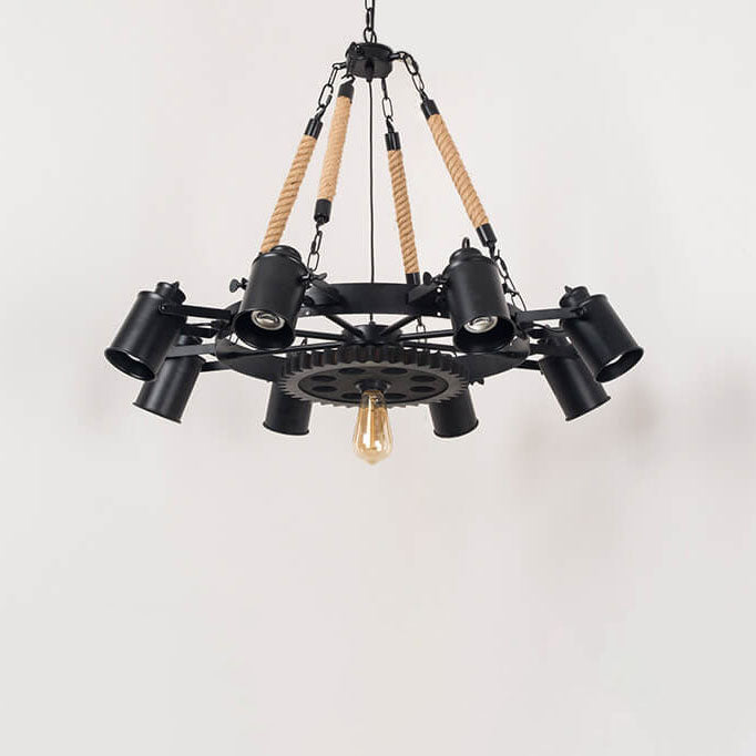 Industrial Retro Gear Wrought Ion Hemp Rope 6/8/10-Light Chandelier Cuvalon
