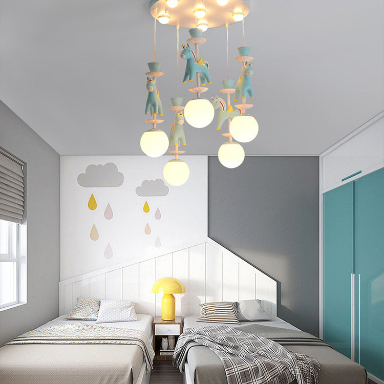 Modern Art Deco Kids Iron Resin Glass Round Base Ball Horse 1/3/5 Light Flush Mount Ceiling Light For Bedroom Cuvalon