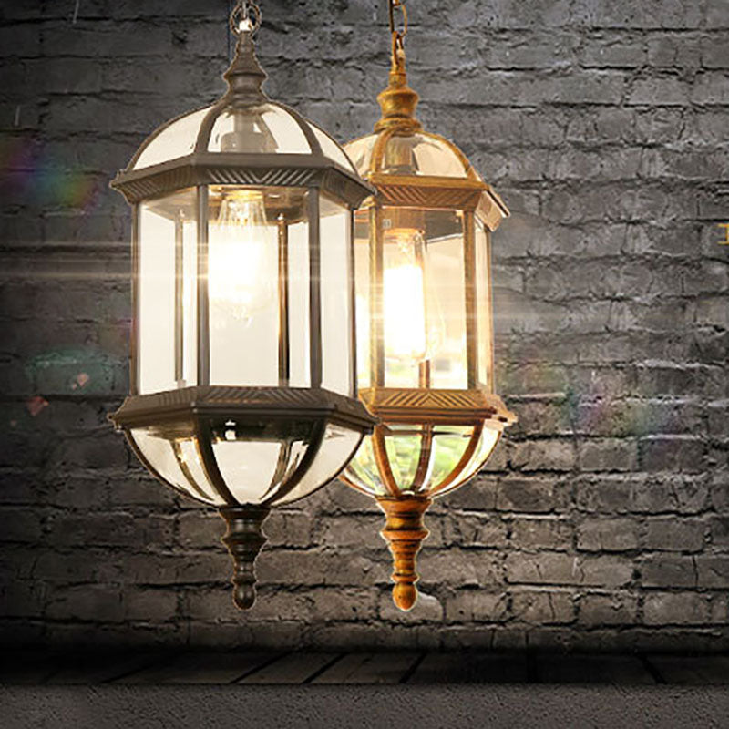 Contemporary Retro Hexagonal Lantern Glass Aluminum 1-Light Waterproof Pendant Light For Outdoor Patio Cuvalon