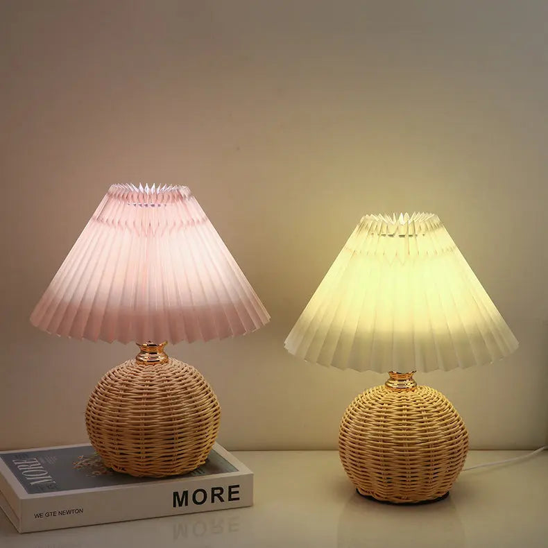 Contemporary Nordic Rattan Fabric Pleated Conic Ball LED Table Lamp For Bedroom Cuvalon