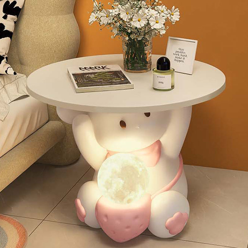 Modern Art Deco Kids Rabbit Round Plate Rectangular Drawer Resin Wood Enamel End Table 1-Drawer With LED Light For Bedroom Cuvalon