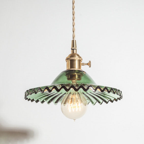 Traditional Vintage Round Ripple Brass Glass 1-Light Pendant Light For Living Room Cuvalon