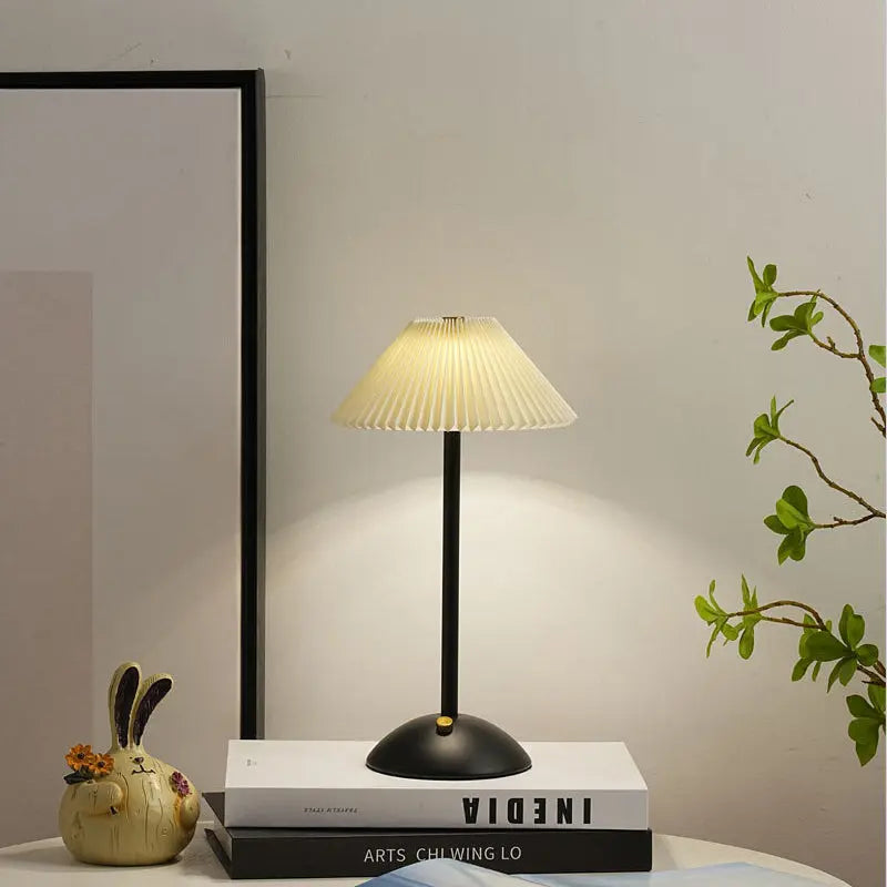 Contemporary Scandinavian Rechargeable Iron Fabric Conic Pleated 1-Light Table Lamp For Bedside Cuvalon