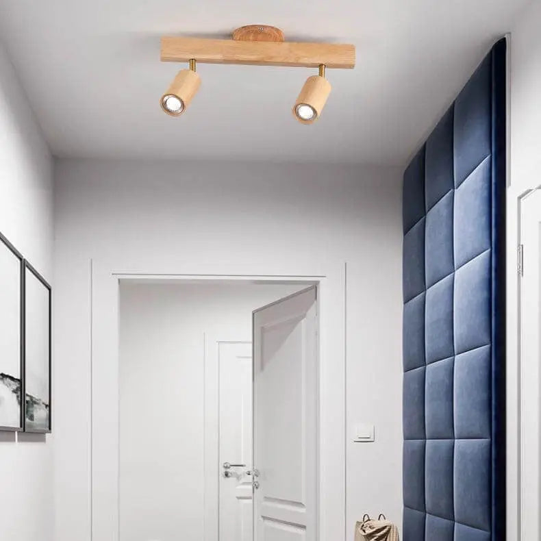 Japanese Minimalist Wooden Track Lighting LED 2/3/4/5 Light Semi-Flush Mount Ceiling Light Cuvalon