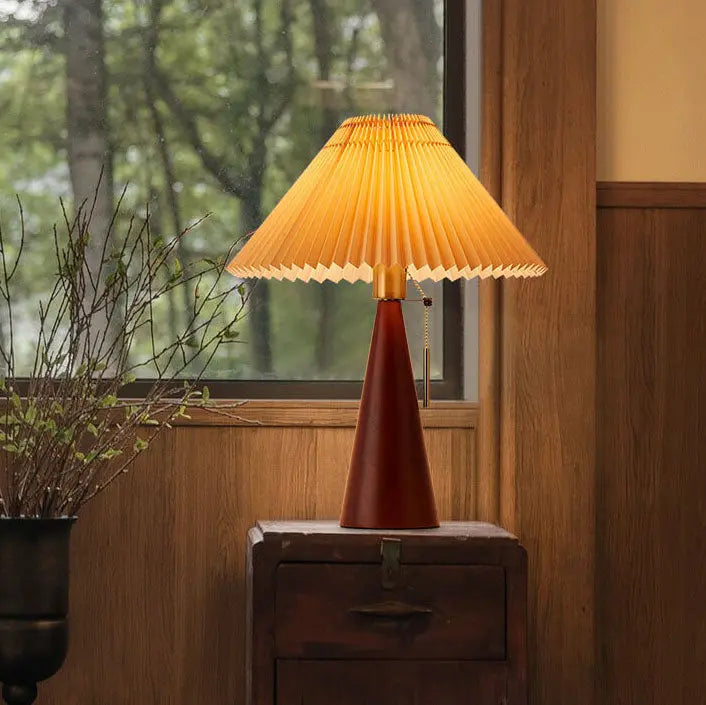 Japanese Minimalist Vintage Pleated Wooden Fabric LED Table Lamp Cuvalon