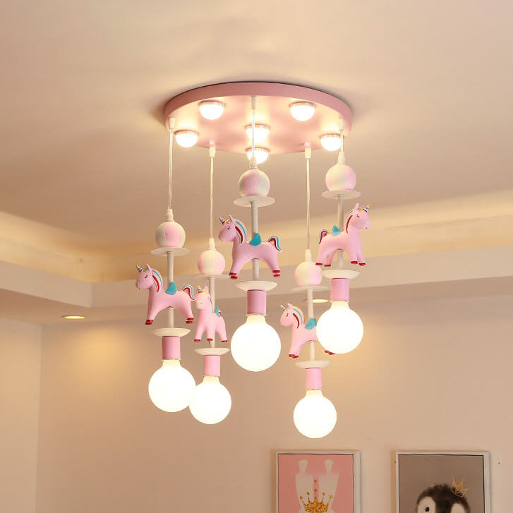 Modern Children's Carousel Eye Protection Resin Iron 1/7/11 Light Flush Mount Ceiling Light Cuvalon